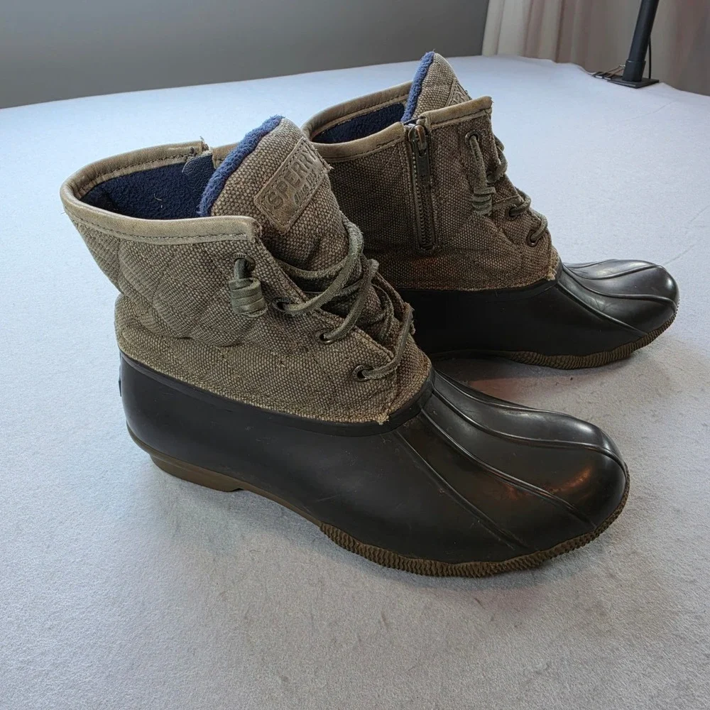 Sperry Saltwater Duck Boots Womens 7 Olive Green Brown Waterproof STS99132